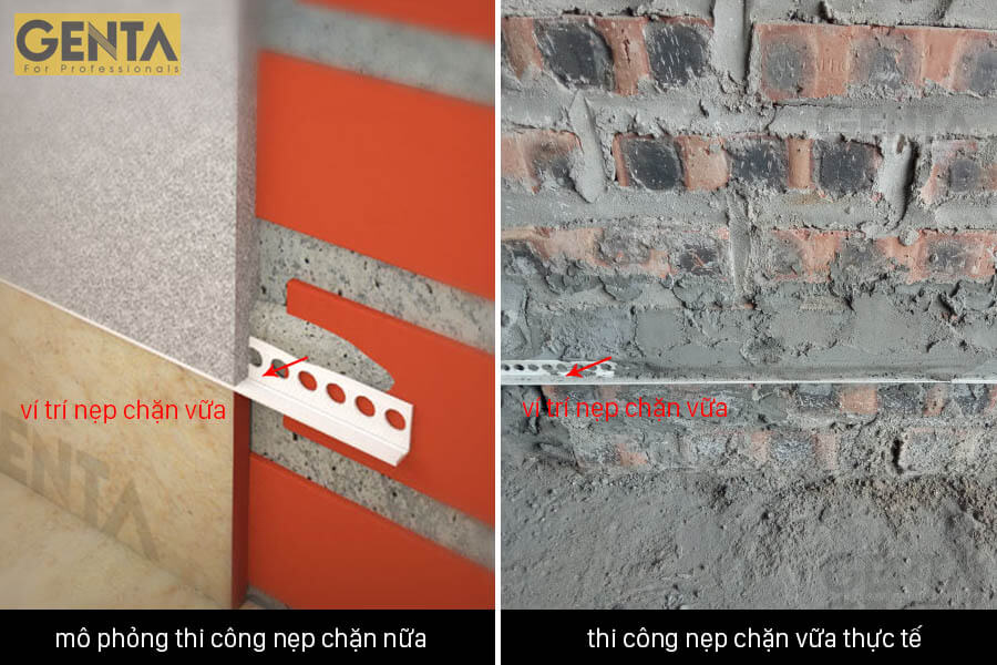 Nẹp chặn vữa được định vị trước khi thi công trát tường
