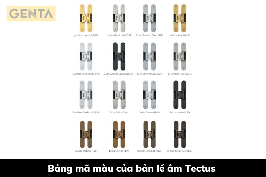 Tổng hợp 16 mã màu của bản lề âm từ thương hiệu Tectus