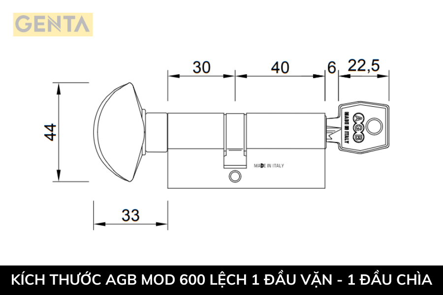 kích thước AGB Mod 600 lệch 1 đầu vặn - 1 đầu chìa